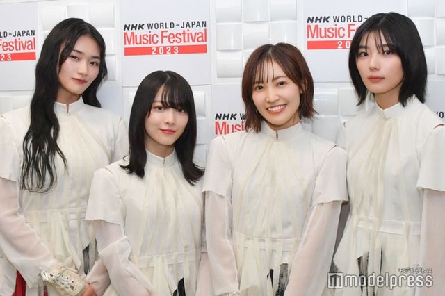 パフォーマンス後に取材に応じた櫻坂46（左から）山崎天、森田ひかる、松田里奈、藤吉夏鈴