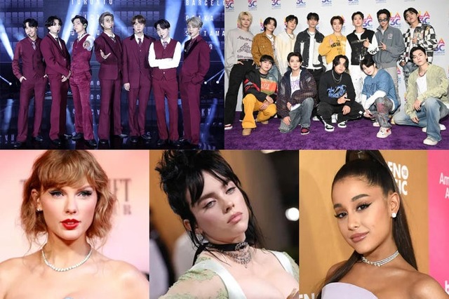 （上段左から）BTS、SEVENTEEN（下段左から）テイラー・スウィフト、アリアナ・グランデ、ビリー・アイリッシュ／Photo by Getty Images