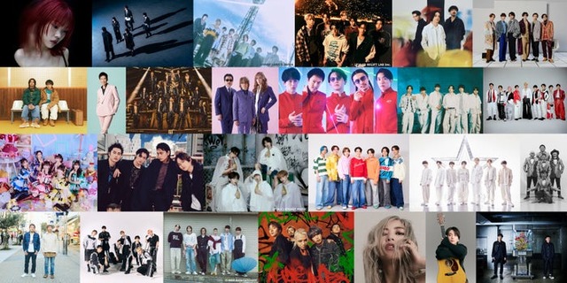 （上段）アイナ・ジ・エンド、AliA、&TEAM、ENHYPEN、Omoinotake、Kis-My-Ft2（中上段）King ＆ Prince、郷ひろみ、THE RAMPAGE、THE ALFEE、SUPER EIGHT、SixTONES、Snow Man、（中下段）超ときめき宣伝部（「ときめき」と「宣伝部」の間にハートマーク）、DISH//、TOMORROW X TOGETHER、Travis Japan、なにわ男子、nobodyknows+（下段）FUNKY MONKEY BΛBY’S、FANTASTICS、BOYNEXTDOOR、MY FIRST STORY × HYDE、MINMI、優里、ゆず（提供写真）