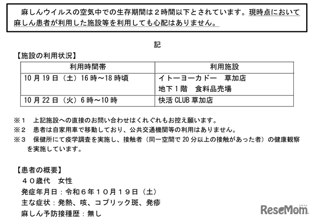 麻しん（はしか）患者の発生について（2024年11月1日発表）