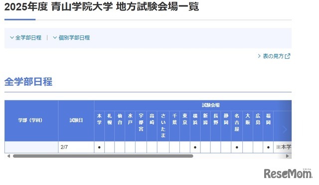 2025年度 青山学院大学 地方試験会場一覧（一部）