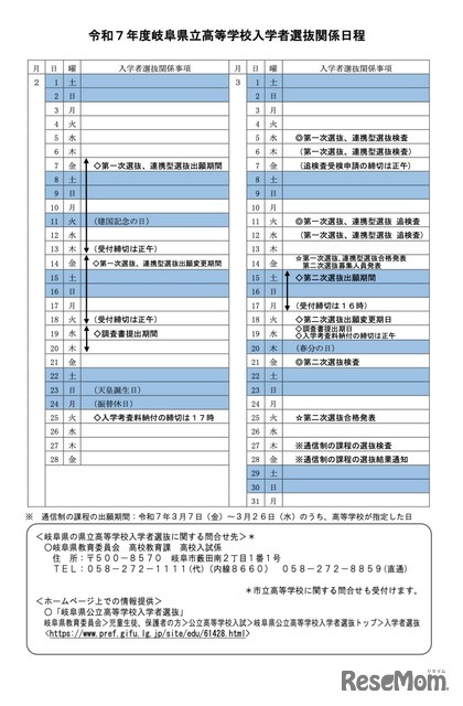 令和7年度 岐阜県立高等学校入学者選抜関係日程