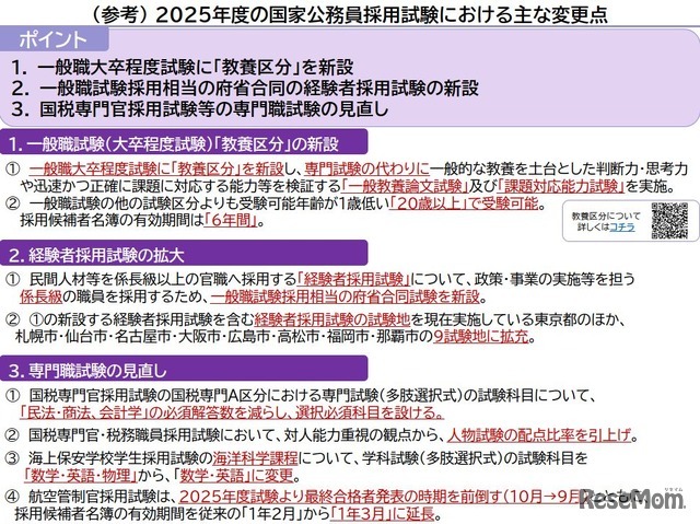 2025年度の国家公務員採用試験におけるおもな変更点