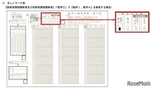 旧課程科目を出題する教科の正しいマーク例【新教育課程履修者および旧教育課程履修者】（「数学1」で「数学I、数学A」を解答する場合）