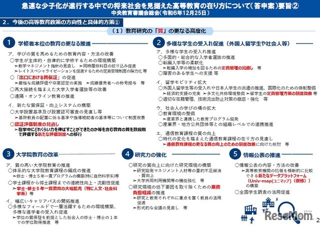 急速な少子化が進行する中での将来社会を見据えた高等教育の在り方について（答申案）要旨