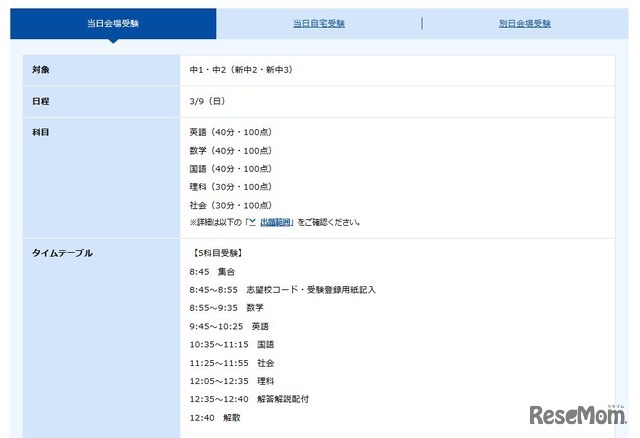 当日受験のタイムテーブルなど