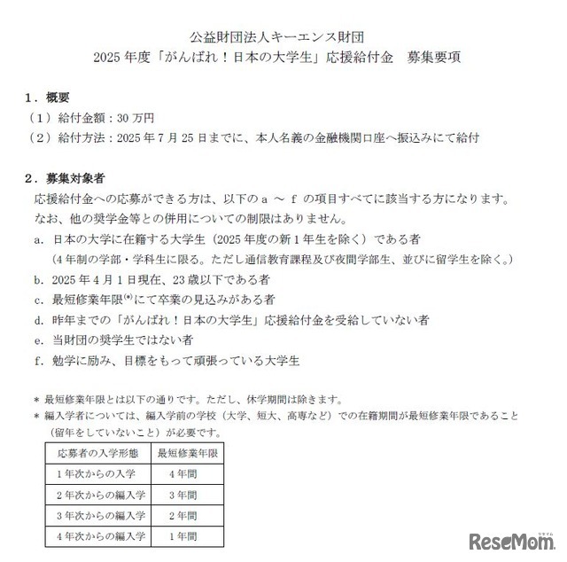 キーエンス財団2025年度「がんばれ！日本の大学生」応援給付金 募集要項（一部）