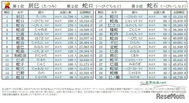 巳年干支にまつわる名字ランキングベスト30