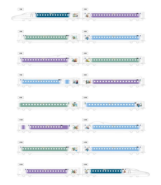 「Wonderful Dreams Shinkansen」の各号車のデザイン（C）Disney