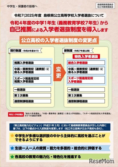 令和7年度 島根県公立高等学校入学者選抜における制度変更