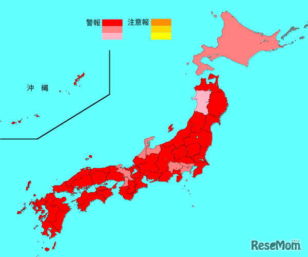 インフルエンザ流行レベルマップ2025年第3週（1月13日～19日）※警報レベル超えの保健所がある都道府県は赤色3段階で表示