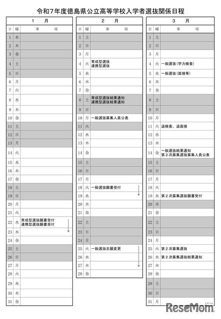 令和7年度（2025年度）徳島県公立高等学校入学者選抜日程