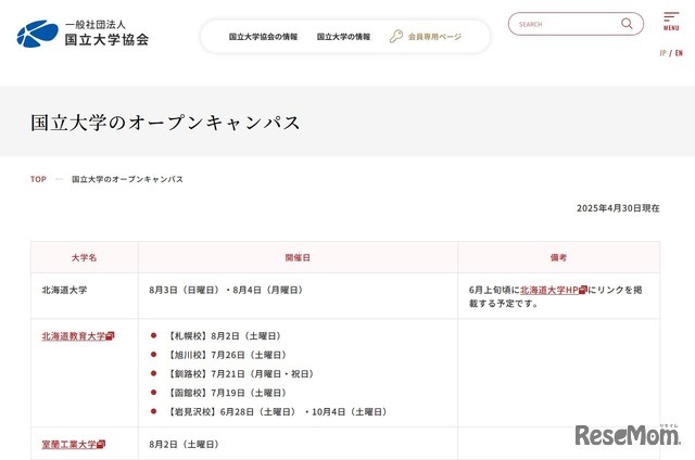 各国立大学オープンキャンパスのリンク集（一部）