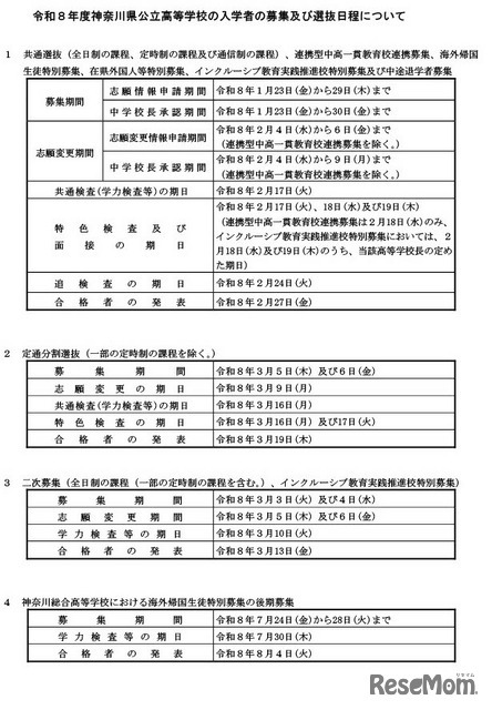 令和8年度神奈川県公立高等学校の入学者の募集および選抜日程について