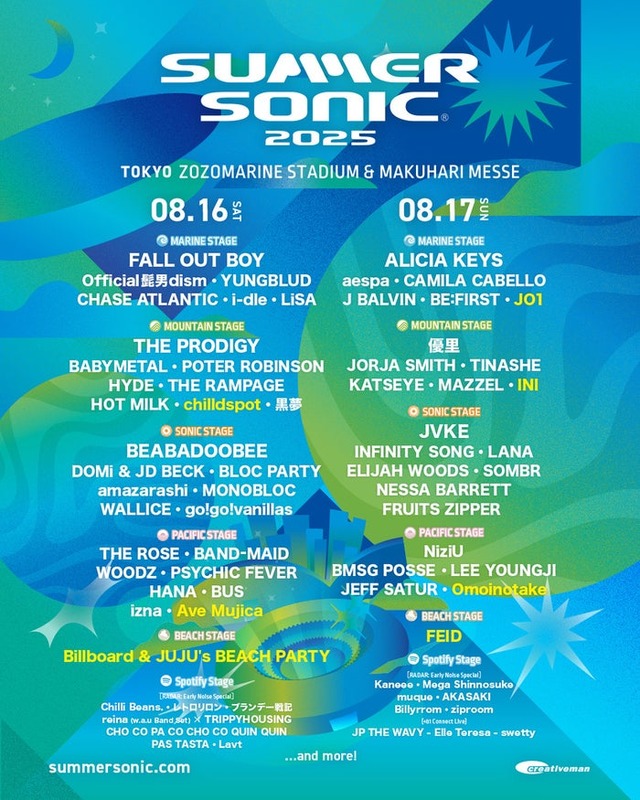 「SUMMER SONIC 2025」東京会場出演アーティスト（提供写真）