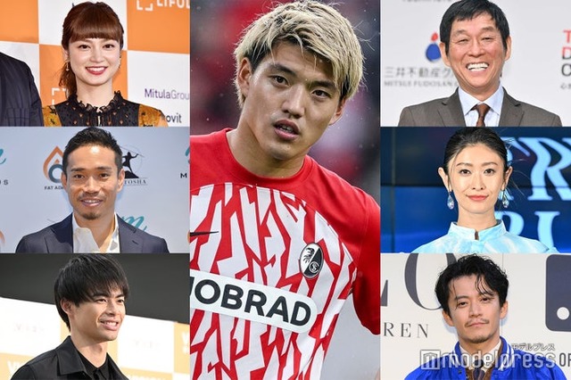 （中央）堂安律選手、（左上から）平愛梨、長友佑都選手、三笘薫選手（右上から）明石家さんま、山田優、小栗旬（C）モデルプレス