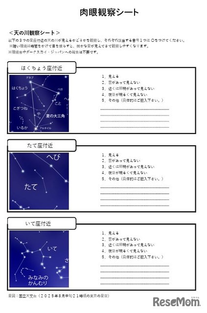 肉眼観察シート「天の川観察シート」