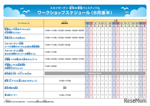 スカイガーデン 夏休み宿題フェスティバルワークショップスケジュール（8月後半）