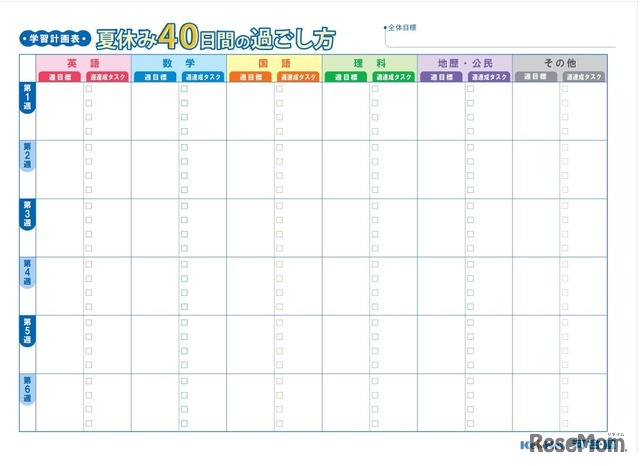 学習計画表「夏休み40日間の過ごし方」