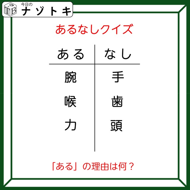 あるなしクイズです！「腕にあって手にない。喉にあって歯にない」あるの共通点とは？【難易度LV３.・中辛】