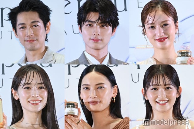 「クレ・ド・ポー ボーテ POPUPイベント」フォトコールに登壇した（上段）ディーン・フジオカ、本田響矢、谷まりあ（下段）泉里香、大政絢、久間田琳加（Cモデルプレス）
