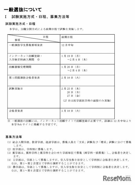 一般選抜の試験実施方式・日程、募集方法等など