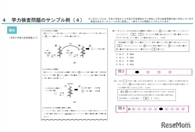 学力検査問題のサンプル例（理科）