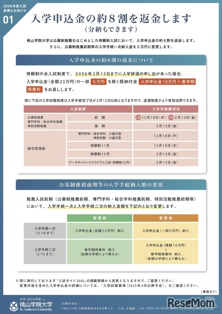 入学申込金の返金制度と分割制度について
