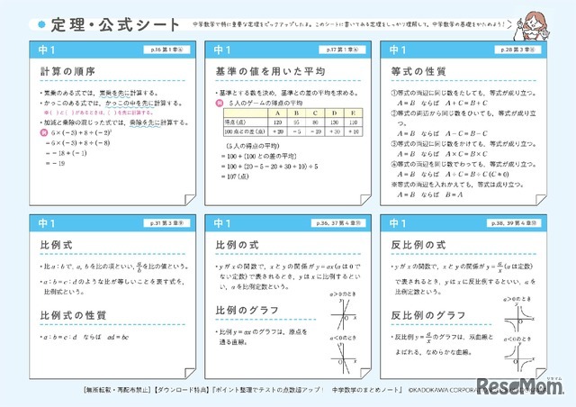 中学数学の定理・公式シート（A4サイズ）がダウンロードできる
