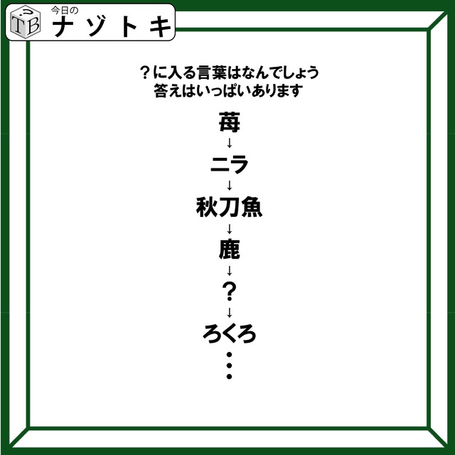 クイズです！「苺→ニラ→秋刀魚→鹿→？→ろくろ」？に入る言葉はなんでしょう。正解はいっぱいありますよ【難易度LV２.・甘口】