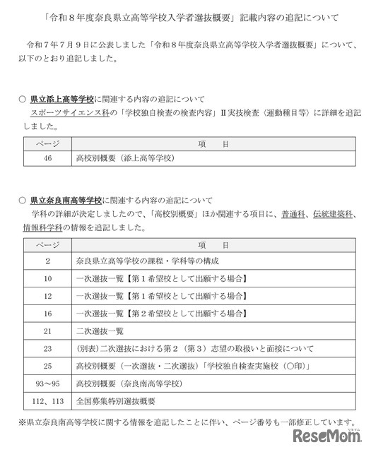 「令和8年度奈良県立高等学校入学者選抜概要」記載内容の追記について