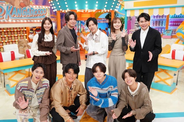 （後列左から）新木優子、間宮祥太朗、二宮和也、朝日奈央、吉村崇（前列左から）戸塚純貴、森本慎太郎、橋本将生、松島聡（C）日本テレビ