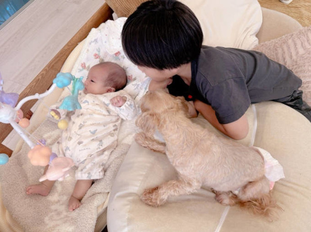 辻希美、生後1ヶ月次女に三男＆愛犬が寄り添うほっこりSHOT披露「仲良し」「可愛い」