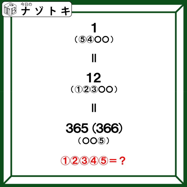 クイズです！「365＝12＝１といえば？」かっこに入るものを導きましょう【難易度LV３.・中辛】