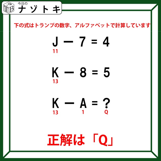 クイズです！「J－7＝４、K－８＝５」その場合、「KーA」の答えは？【難易度LV２.・甘口】