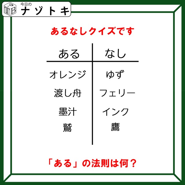 あるなしクイズです！「オレンジにあってゆずにない。鷲にあって鷹にない」この法則性が分かりますか？【難易度LV３.・中辛】