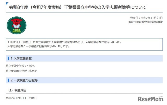 令和8年度（令和7年度実施）千葉県県立中学校の入学志願者数等について