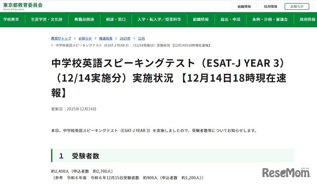 中学校英語スピーキングテスト（ESAT-J YEAR 3） （12/14実施分）実施状況 【12月14日午後6時現在速報】