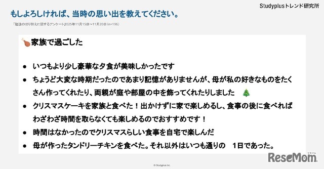 任意回答：クリスマスに参加した思い出