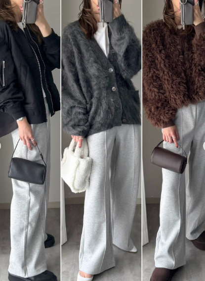 リラクシーと上品見えを兼ねる【ユニクロC新作】 センターライン入りスウェットパンツ。とにかく落ち感がキレイです【40代の毎日コーデ】