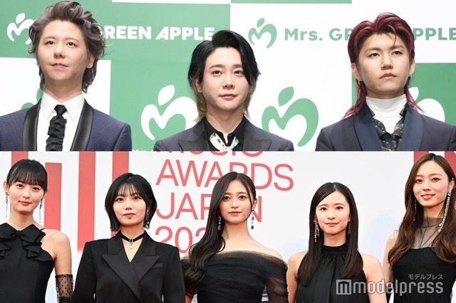 （上段から）Mrs. GREEN APPLE、遠藤さくら、中西アルノ、井上和、菅原咲月、梅澤美波／乃木坂46（C）モデルプレス