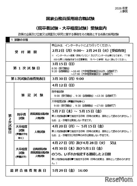 国家公務員採用総合職試験「院卒者試験・大卒程度試験」受験案内（一部）