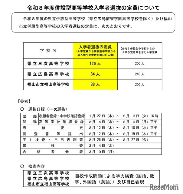 令和8年度併設型高等学校入学者選抜の定員について