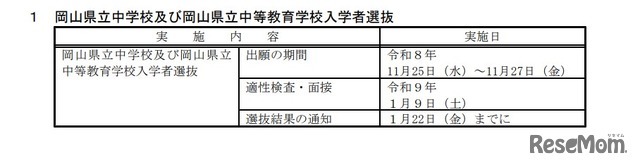 2027（令和9）年度 岡山県立中学校および岡山県立中等教育学校入学者選抜