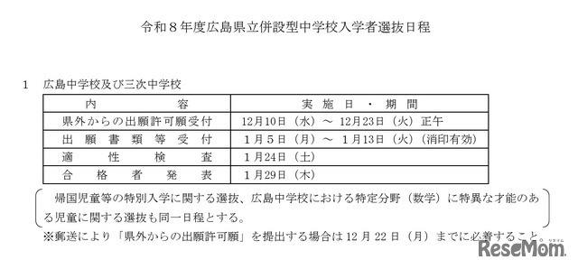 令和8年度広島県立併設型中学校（広島中学校・三次中学校）入学者選抜志願状況の日程