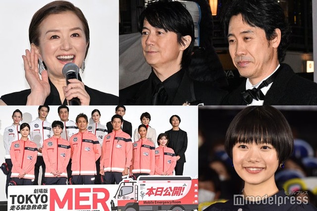 （上段左から）鈴木京香、福山雅治、大泉洋（下段左から）（ 左写真／後列左より）フォンチー、佐野勇斗、小手伸也、中条あやみ、賀来賢人、石田ゆり子、松木彩監督（前列左より）生見愛瑠、高杉真宙、江口洋介、鈴木亮平、菜々緒、宮澤エマ（右写真）杉咲花（C）モデルプレス