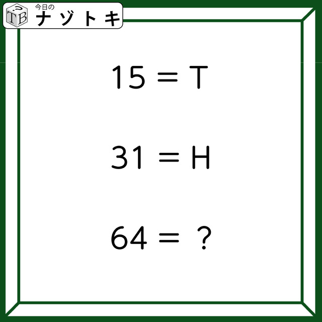クイズです！「１５＝T、３１＝H、６４＝？」アルファベットと数字が意味するのは？【難易度LV３.・中辛】