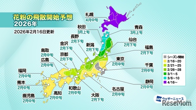 花粉の飛散開始予想2026