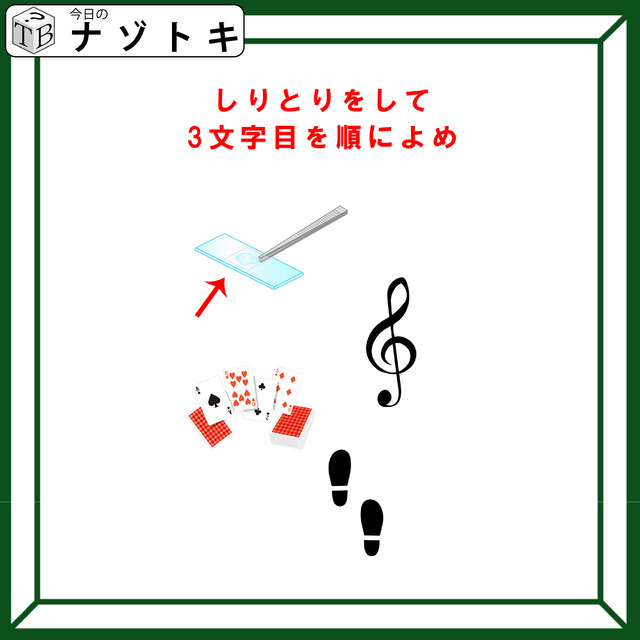 クイズです！「しりとりをして３文字目を順に読みましょう」まずはイラストを言葉に直して【難易度LV４.・辛口】
