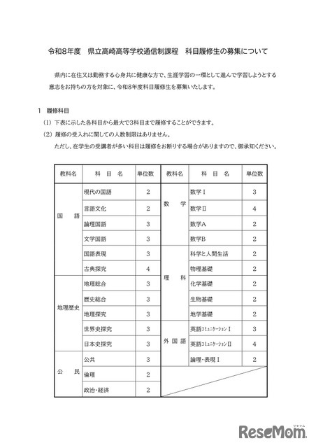 令和8年度 高崎高校通信制 科目履修生の募集について（一部）